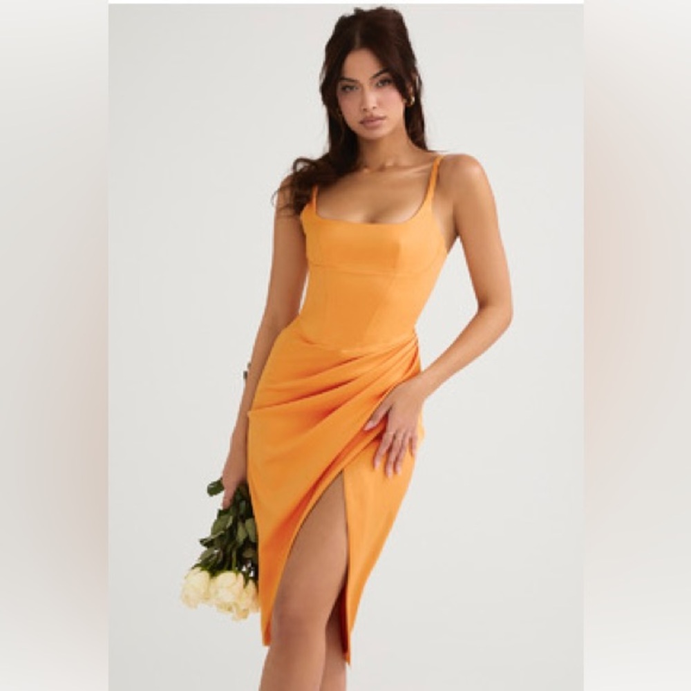 House of CB— Bianca Tangerine Satin Pleated Corset Midi Dress